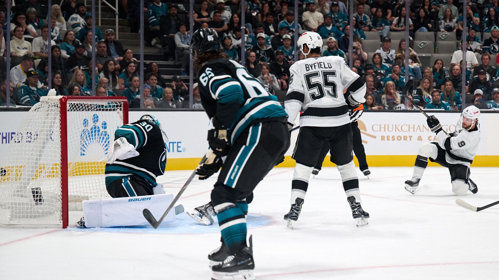 Oct 3, 2026; San Jose, California, USA; Los Angeles Kings right wing Adrian Kempe (9) scores a goal against San Jose Sharks goaltender Yaroslav Askarov (30) during the first period at SAP Center at San Jose. Oct 3, 2026; San Jose, California, USA; Los Angeles Kings right wing Adrian Kempe (9) scores a goal against San Jose Sharks goaltender Yaroslav Askarov (30) during the first period at SAP Center at San Jose.