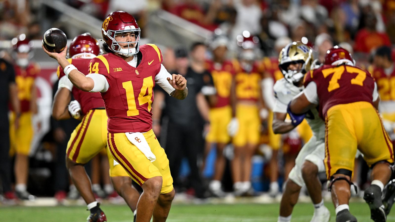 Oct 3, 2026; Los Angeles, California, USA; USC Trojans quarterback Jayden Maiava (14) passes the ball against the Washington Huskies during the fourth quarter at United Airlines Field at Los Angeles Memorial Coliseum.