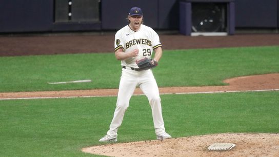 Milwaukee Brewers pitcher Trevor Megill (29) reacts after the final out during the ninth inning of their National League Division Series game against the San Diego Padres Saturday, October 3, 2026 at American Family Field in Milwaukee, Wisconsin. Milwaukee Brewers pitcher Trevor Megill (29) reacts after the final out during the ninth inning of their National League Division Series game against the San Diego Padres Saturday, October 3, 2026 at American Family Field in Milwaukee, Wisconsin.
