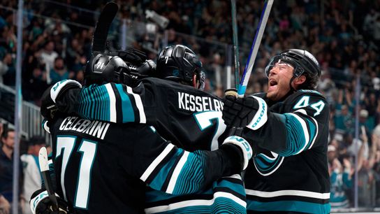 Oct 3, 2026; San Jose, California, USA; San Jose Sharks left wing Kiefer Sherwood (44) celebrates with defenseman Michael Kesselring (7), center Macklin Celebrini (71) and forward Igor Chernyshov (92) after the game-winning goal scored against the Los Angeles Kings during the overtime period at SAP Center at San Jose. Oct 3, 2026; San Jose, California, USA; San Jose Sharks left wing Kiefer Sherwood (44) celebrates with defenseman Michael Kesselring (7), center Macklin Celebrini (71) and forward Igor Chernyshov (92) after the game-winning goal scored against the Los Angeles Kings during the overtime period at SAP Center at San Jose.