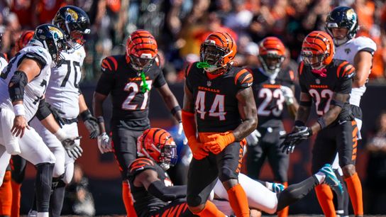 Cincinnati Bengals linebacker Demetrius Knight Jr. (44) celebrates a defensive stop in the fourth quarter of the NFL Week 4 game between the Cincinnati Bengals and the Jacksonville Jaguars at Paycor Stadium in Cincinnati on Sunday, Oct. 4, 2026. The Bengals fell to 2-2 on the season with a 22-17 loss at home.