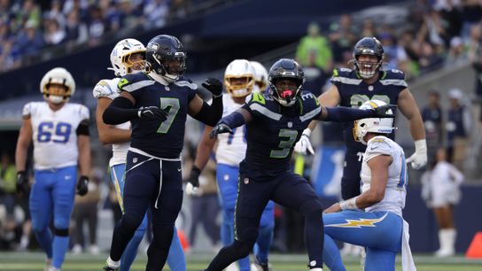 Oct 4, 2026; Seattle, Washington, USA; Seattle Seahawks safety Nick Emmanwori (3) celebrates after a play against the Los Angeles Chargers during the second half at Lumen Field. 