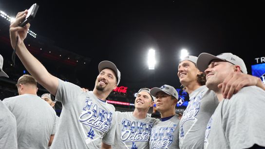 Los Angeles Dodgers pitcher Blake Snell (7) celebrates with catcher Will Smith, pitcher Yoshinobu Yamamoto, pitcher Tyler Glasnow, and pitcher Tarik Skubal after defeating the Atlanta Braves in game four of the NLDS for the 2026 MLB Playoffs at Truist Park. Los Angeles Dodgers pitcher Blake Snell (7) celebrates with catcher Will Smith, pitcher Yoshinobu Yamamoto, pitcher Tyler Glasnow, and pitcher Tarik Skubal after defeating the Atlanta Braves in game four of the NLDS for the 2026 MLB Playoffs at Truist Park.
