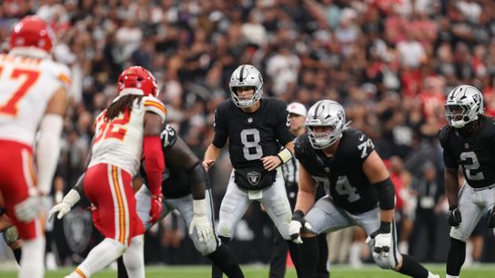 Oct 4, 2026; Paradise, Nevada, USA; Las Vegas Raiders quarterback Kirk Cousins (8) prepares to take a snap against the Kansas City Chiefs at Allegiant Stadium.