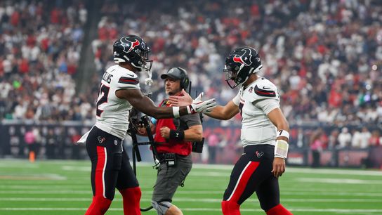 Oct 4, 2026; Houston, Texas, USA; Houston Texans quarterback C.J. Stroud (7) reacts to wide receiver Nico Collins (12) touchdown against the Dallas Cowboys at Reliant Stadium. 