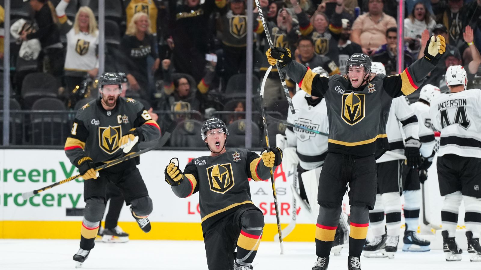 Oct 10, 2026; Las Vegas, Nevada, USA; Vegas Golden Knights right wing Mitch Marner (93) celebrates his game-winning goal against the Los Angeles Kings in overtime at T-Mobile Arena. Oct 10, 2026; Las Vegas, Nevada, USA; Vegas Golden Knights right wing Mitch Marner (93) celebrates his game-winning goal against the Los Angeles Kings in overtime at T-Mobile Arena.