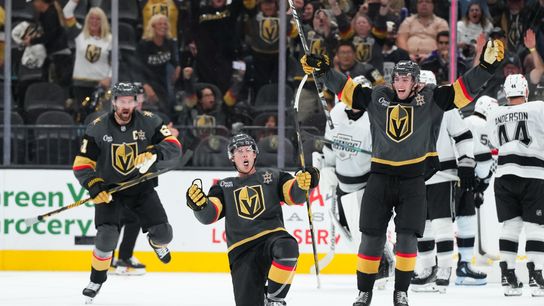 Oct 10, 2026; Las Vegas, Nevada, USA; Vegas Golden Knights right wing Mitch Marner (93) celebrates his game-winning goal against the Los Angeles Kings in overtime at T-Mobile Arena. Oct 10, 2026; Las Vegas, Nevada, USA; Vegas Golden Knights right wing Mitch Marner (93) celebrates his game-winning goal against the Los Angeles Kings in overtime at T-Mobile Arena.