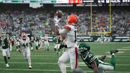 Oct 11, 2026; East Rutherford, New Jersey, USA; Cleveland Browns wide receiver Denzel Boston (12) scores on a touchdown reception during the fourth quarter against New York Jets cornerback Brandon Stephens (21) at MetLife Stadium. Oct 11, 2026; East Rutherford, New Jersey, USA; Cleveland Browns wide receiver Denzel Boston (12) scores on a touchdown reception during the fourth quarter against New York Jets cornerback Brandon Stephens (21) at MetLife Stadium.
