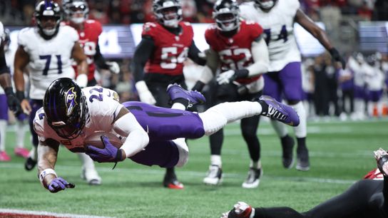 Oct 11, 2026; Atlanta, Georgia, USA; Baltimore Ravens running back Derrick Henry (22) scores a two point conversion during the fourth quarter against Atlanta Falcons cornerback Mike Hughes (21) at Mercedes-Benz Stadium. Oct 11, 2026; Atlanta, Georgia, USA; Baltimore Ravens running back Derrick Henry (22) scores a two point conversion during the fourth quarter against Atlanta Falcons cornerback Mike Hughes (21) at Mercedes-Benz Stadium.