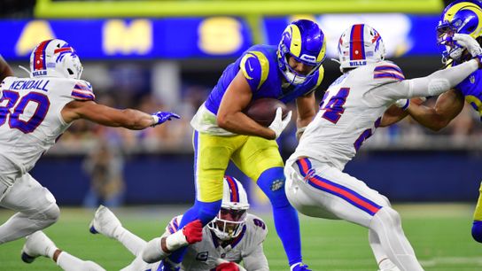 Oct 12, 2026; Inglewood, California, USA; Los Angeles Rams wide receiver Puka Nacua (12) runs after making a catch as Buffalo Bills linebacker Bradley Chubb (9) tackles during overtime at SoFi Stadium Oct 12, 2026; Inglewood, California, USA; Los Angeles Rams wide receiver Puka Nacua (12) runs after making a catch as Buffalo Bills linebacker Bradley Chubb (9) tackles during overtime at SoFi Stadium