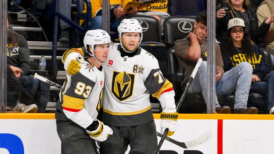 Golden Knights find form late to defeat Predators, split road trip taken at Bridgestone Arena (Vegas Golden Knights). Photo by Steve Roberts-Imagn Images