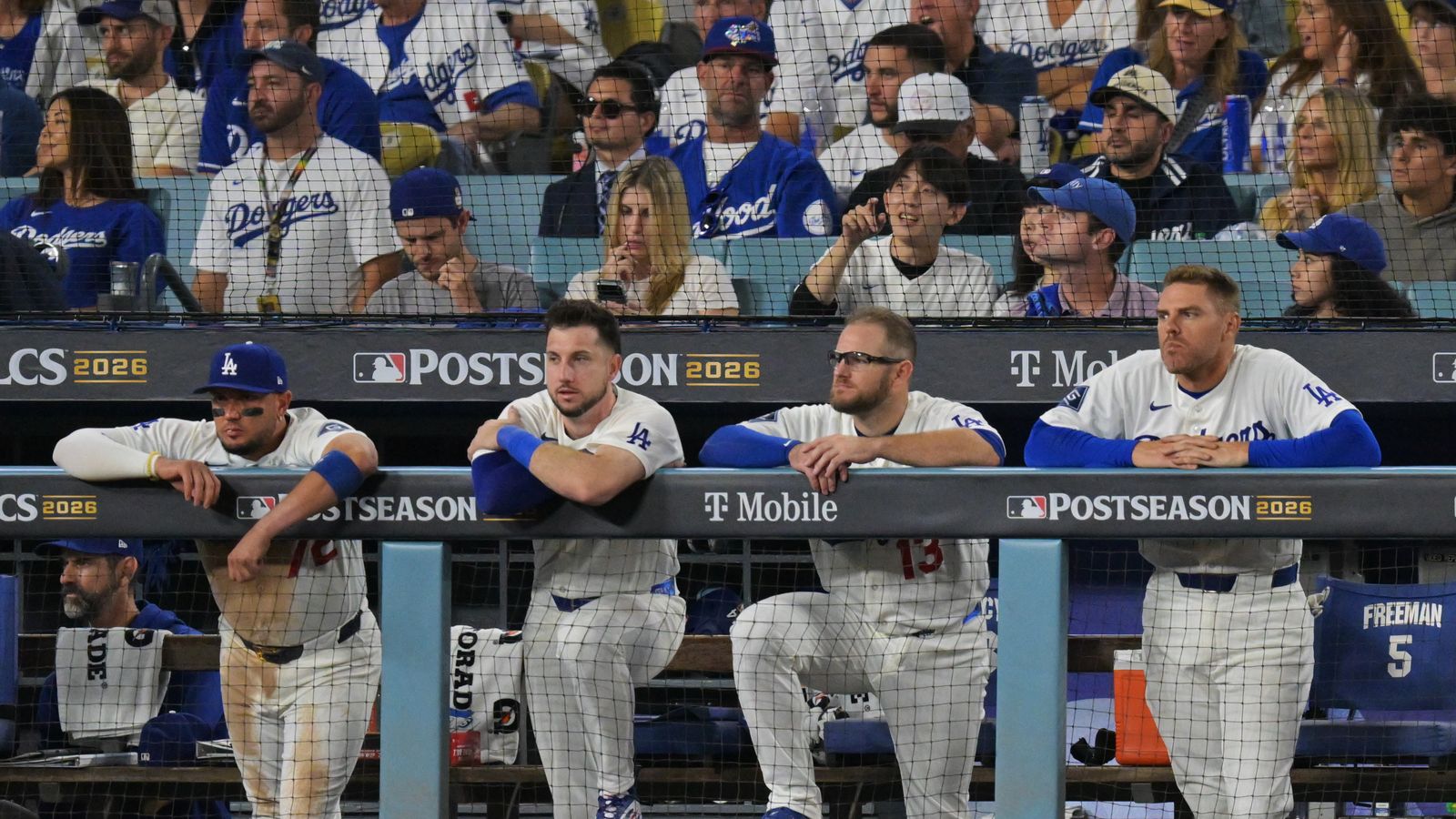 Oct 14, 2026; Los Angeles, California, USA; Los Angeles Dodgers second baseman Miguel Rojas (72) and outfielder Kyle Tucker (23) and third baseman Max Muncy (13) and first baseman Freddie Freeman (5) look on from the dugout during the eighth inning against the Milwaukee Brewers in game three of the NLCS for the 2026 MLB Playoffs at Uniqlo Field at Dodger Stadium. Oct 14, 2026; Los Angeles, California, USA; Los Angeles Dodgers second baseman Miguel Rojas (72) and outfielder Kyle Tucker (23) and third baseman Max Muncy (13) and first baseman Freddie Freeman (5) look on from the dugout during the eighth inning against the Milwaukee Brewers in game three of the NLCS for the 2026 MLB Playoffs at Uniqlo Field at Dodger Stadium.
