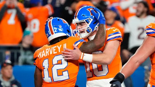 Oct 15, 2026; Denver, Colorado, USA; Denver Broncos running back RJ Harvey (12) celebrates a touchdonw with quarterback Bo Nix (10) in the second quarter against the Seattle Seahawks at Empower Field at Mile High. Oct 15, 2026; Denver, Colorado, USA; Denver Broncos running back RJ Harvey (12) celebrates a touchdonw with quarterback Bo Nix (10) in the second quarter against the Seattle Seahawks at Empower Field at Mile High.