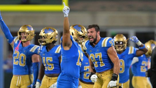 Oct 17, 2026; Pasadena, California, USA; UCLA Bruins celebrate after a 4th down stoppage in the second half against the Wisconsin Badgers at the Rose Bowl. Oct 17, 2026; Pasadena, California, USA; UCLA Bruins celebrate after a 4th down stoppage in the second half against the Wisconsin Badgers at the Rose Bowl.