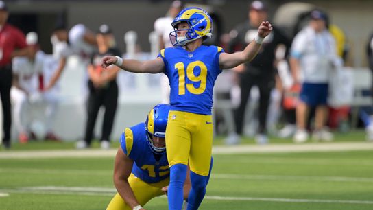 Rams kicker Blake Grupe knocked out after suffering knee injury on kickoff  taken at SoFi Stadium (Los Angeles Rams). Photo by Jayne Kamin-Oncea-Imagn Images