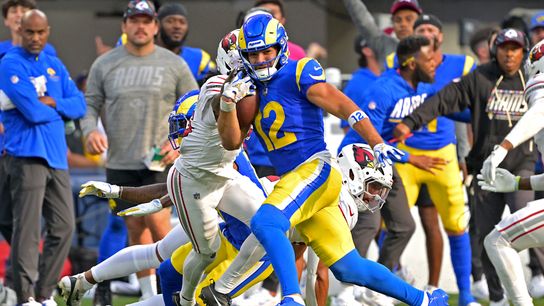 Oct 18, 2026; Inglewood, California, USA; Los Angeles Rams wide receiver Puka Nacua (12) runs for 22 yards after a complete pass against the Arizona Cardinals at SoFi Stadium. Oct 18, 2026; Inglewood, California, USA; Los Angeles Rams wide receiver Puka Nacua (12) runs for 22 yards after a complete pass against the Arizona Cardinals at SoFi Stadium.