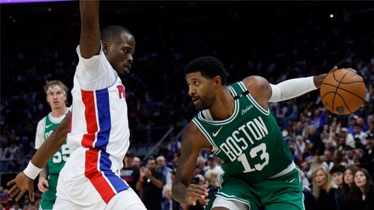 Oct 20, 2026; Detroit, Michigan, USA; Boston Celtics forward Paul George (13) dribbles defended by Detroit Pistons guard Javonte Green (31) in the second half at Little Caesars Arena. Oct 20, 2026; Detroit, Michigan, USA; Boston Celtics forward Paul George (13) dribbles defended by Detroit Pistons guard Javonte Green (31) in the second half at Little Caesars Arena.