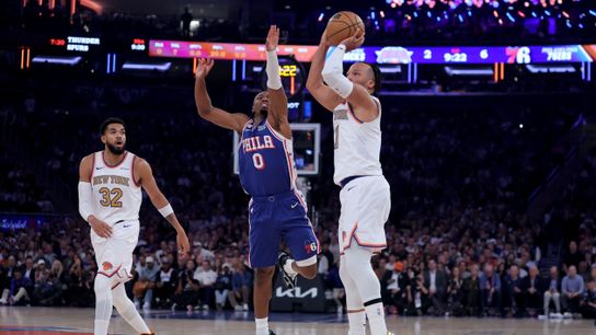 Oct 20, 2026; New York, New York, USA; New York Knicks guard Jalen Brunson (11) takes a shot against Philadelphia 76ers guard Tyrese Maxey (0) during the first quarter at Madison Square Garden.