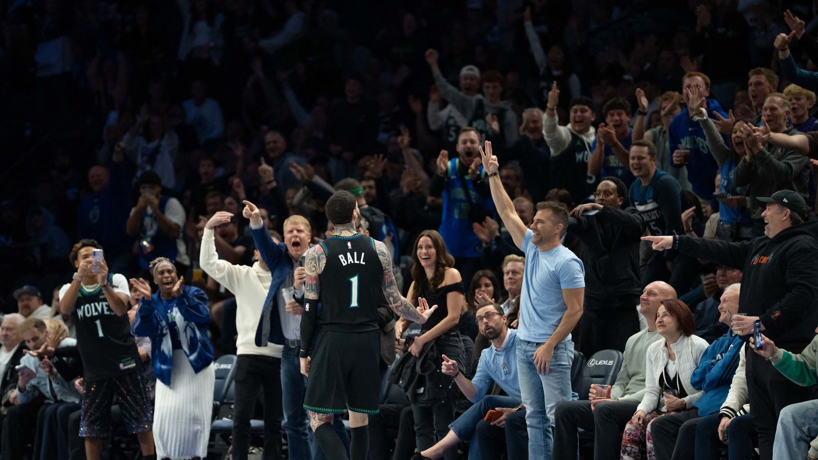 Oct 30, 2026; Minneapolis, Minnesota, USA; Minnesota Timberwolves guard LaMelo Ball (1) celebrates with fans after making a three-point shot against the LA Clippers in the second half at Target Center.