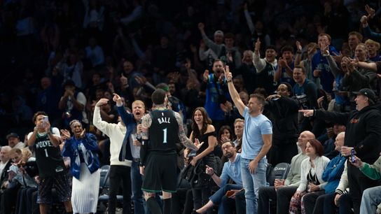 Oct 30, 2026; Minneapolis, Minnesota, USA; Minnesota Timberwolves guard LaMelo Ball (1) celebrates with fans after making a three-point shot against the LA Clippers in the second half at Target Center. Oct 30, 2026; Minneapolis, Minnesota, USA; Minnesota Timberwolves guard LaMelo Ball (1) celebrates with fans after making a three-point shot against the LA Clippers in the second half at Target Center.