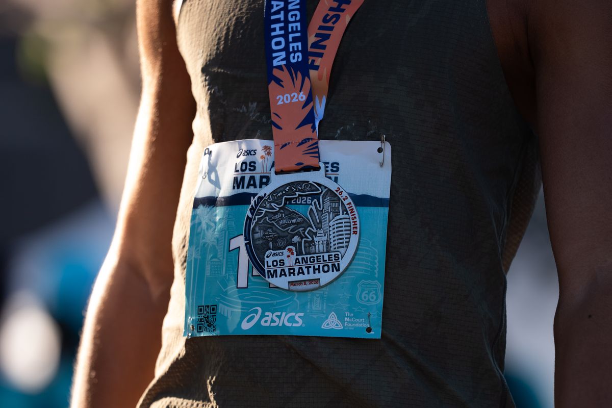 A finisher's medal and race bib from the 2026 Los Angeles Marathon are displayed Sunday, March 8, 2026, in Los Angeles.