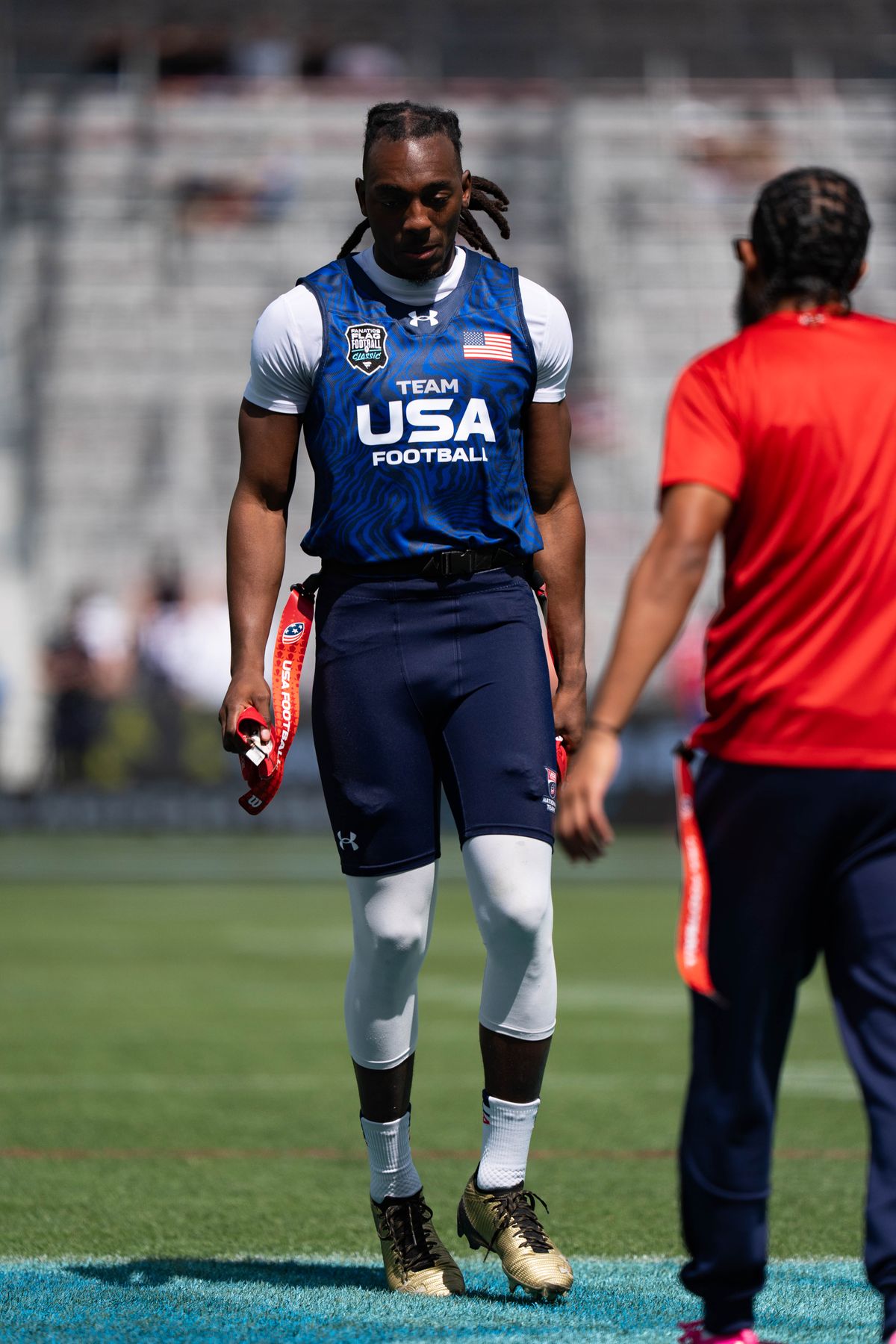 A Team USA player warms up ahead of the Fanatics Flag Football event, March 21, 2026, in Los Angeles. A Team USA player warms up ahead of the Fanatics Flag Football event, March 21, 2026, in Los Angeles.