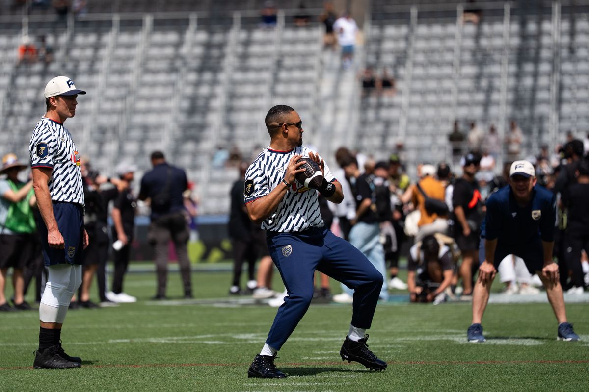 Team Founders quarterback Jalen Hurts (1) warms up ahead of the Fanatics Flag Football event, March 21, 2026, in Los Angeles. Team Founders quarterback Jalen Hurts (1) warms up ahead of the Fanatics Flag Football event, March 21, 2026, in Los Angeles.