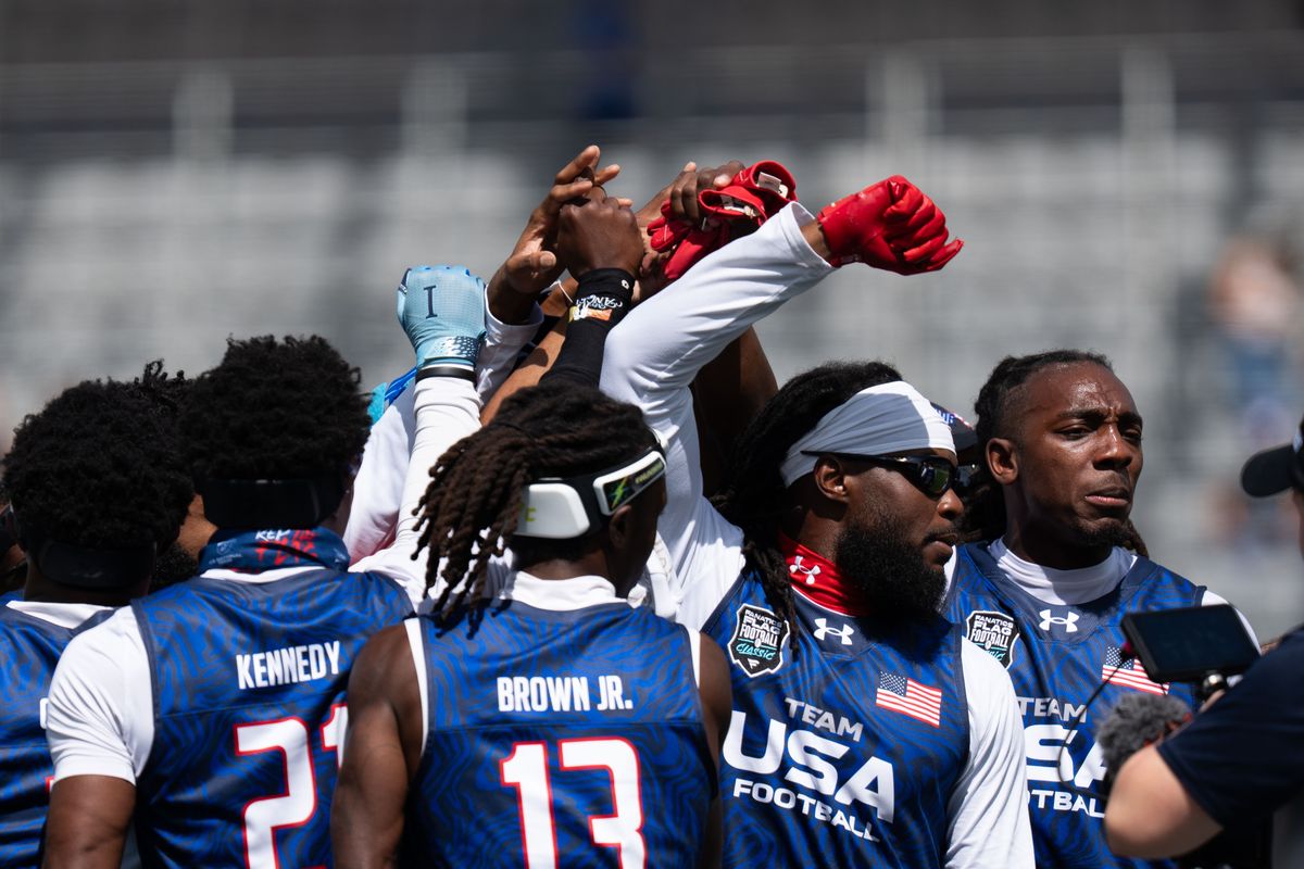 Team USA players huddle and prepare for the Fanatics Flag Football event, March 21, 2026, in Los Angeles. Team USA players huddle and prepare for the Fanatics Flag Football event, March 21, 2026, in Los Angeles.