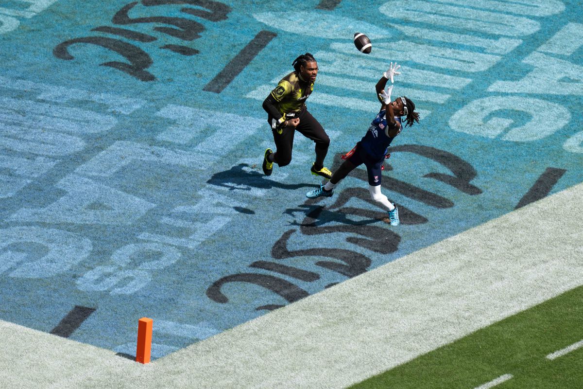 A Team USA wide receiver jumps for a touchdown catch during the Fanatics Flag Football event, March 21, 2026, in Los Angeles. A Team USA wide receiver jumps for a touchdown catch during the Fanatics Flag Football event, March 21, 2026, in Los Angeles.
