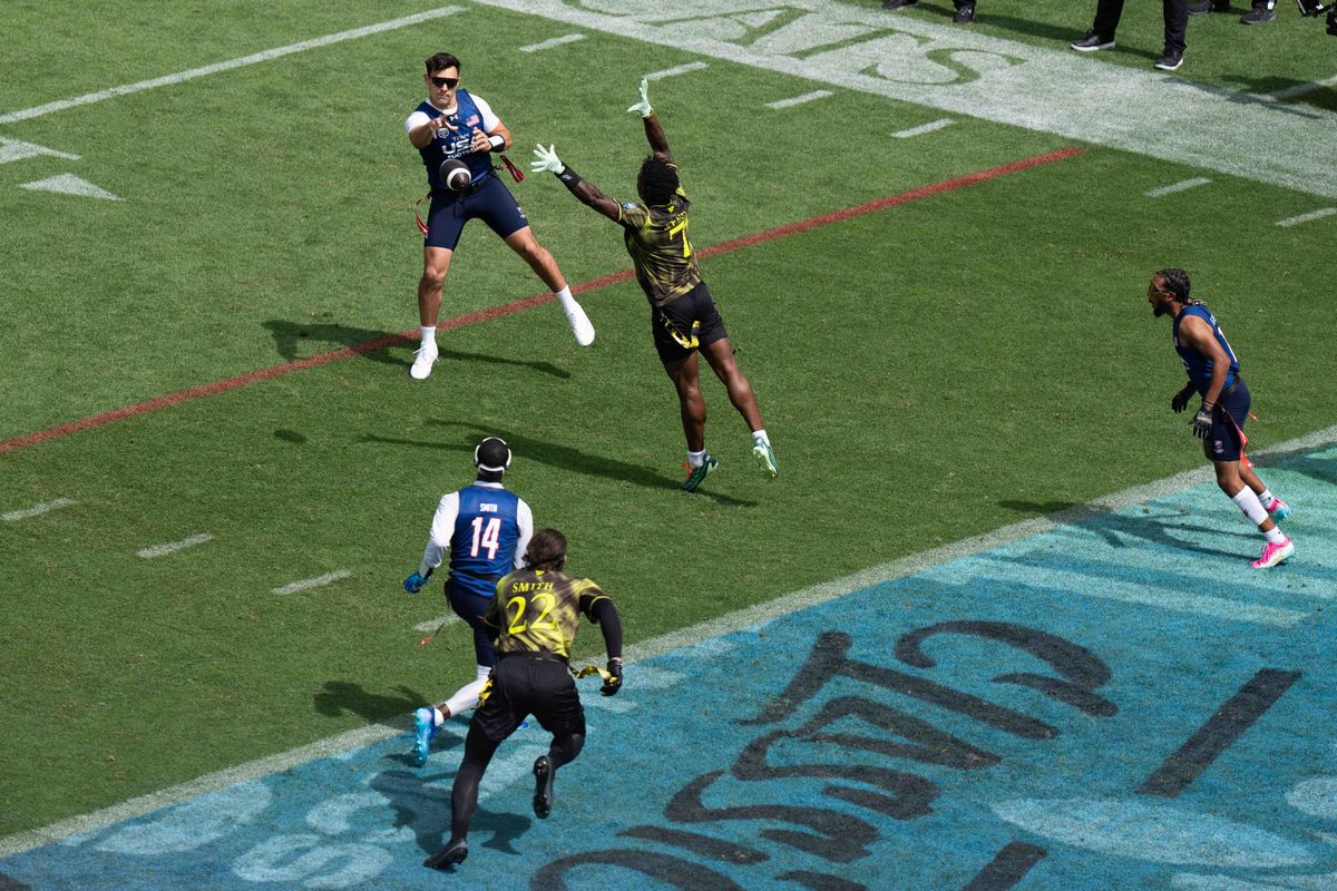 Team USA quarterback Nico Casares throws a touchdown pass during the Fanatics Flag Football event, March 21, 2026, in Los Angeles. Team USA quarterback Nico Casares throws a touchdown pass during the Fanatics Flag Football event, March 21, 2026, in Los Angeles.