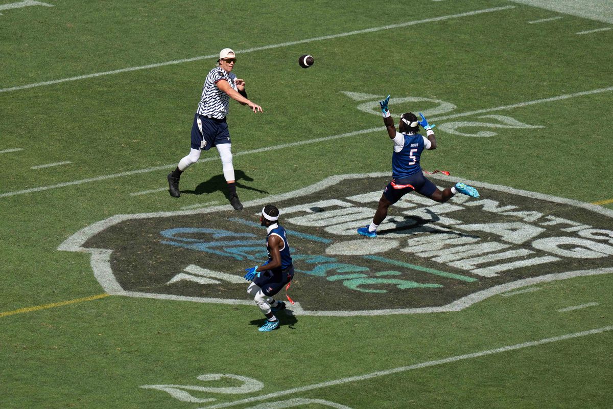 Team Founders quarterback Tom Brady throws a pass during the Fanatics Flag Football event, March 21, 2026, in Los Angeles. Team Founders quarterback Tom Brady throws a pass during the Fanatics Flag Football event, March 21, 2026, in Los Angeles.