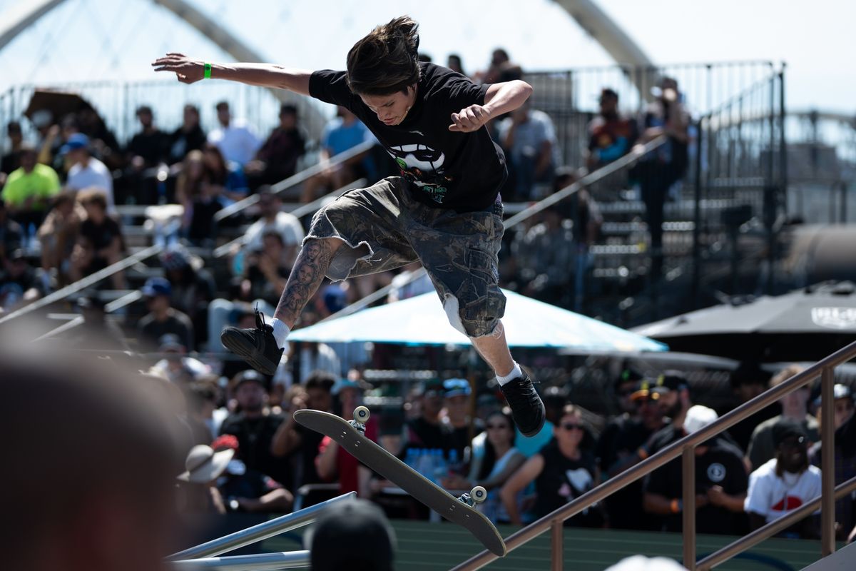 A participant in the Men's Wild Card Jam hits a 360 flip over the ramp during SLS Takeover Saturday, April 4th, 2026 in Downtown Los Angeles A participant in the Men's Wild Card Jam hits a 360 flip over the ramp during SLS Takeover Saturday, April 4th, 2026 in Downtown Los Angeles