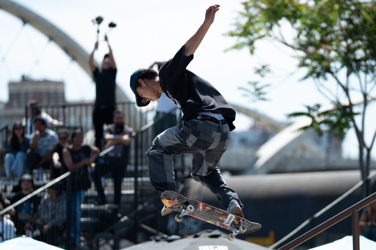 Korean Skateboarder Juni Kang hits a backside board slide during SLS Takeover Saturday, April 4th, 2026 in Downtown Los Angeles Korean Skateboarder Juni Kang hits a backside board slide during SLS Takeover Saturday, April 4th, 2026 in Downtown Los Angeles