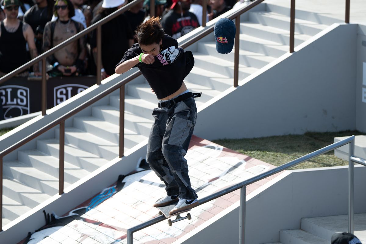 Juni Kang hits a boardslide during SLS Takeover Saturday, April 4th, 2026 in Downtown Los Angeles Juni Kang hits a boardslide during SLS Takeover Saturday, April 4th, 2026 in Downtown Los Angeles