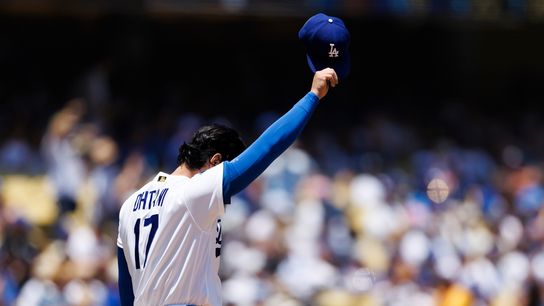 Shohei Ohtani #17 of the Los Angeles Dodgers reacts during the game against the Tampa Bay Rays at Dodger Stadium on June 17, 2026 in Los Angeles, California.