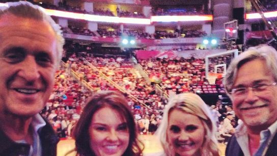 Jayme Lamm with Miami Heat president Pat Riley and Miami Heat owner Mickey Arison at the NBA All-Star Game.