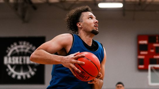 Combine participate eyes the basket during Big3 combine on Thursday May 7, 2026 at Las Vegas basketball center in Las Vegas.