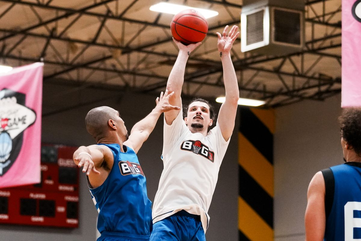Combine participate shoots the ball  at the Big3 combine on Thursday May 7, 2026 at Las Vegas Basketball Center in Las Vegas.