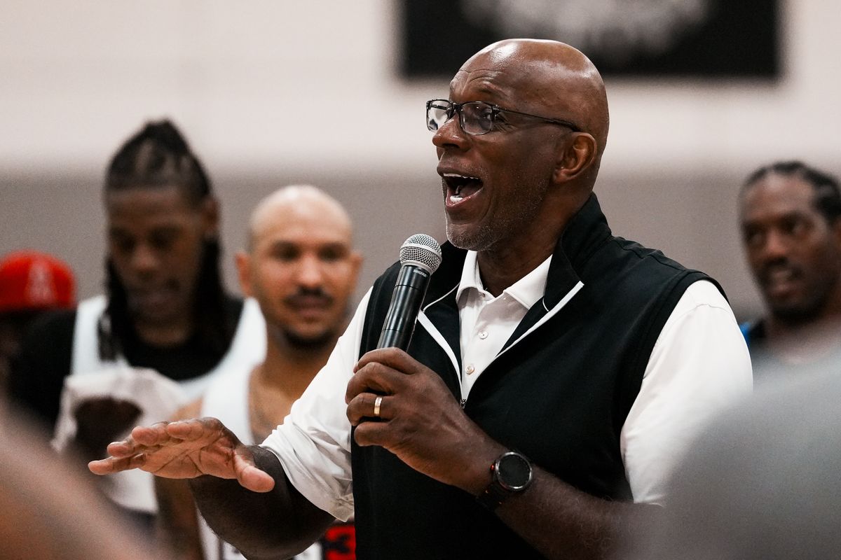 Clyde Drexler speaks to the Big3 combine participants on Thursday May 7, 2026 at Las Vegas Basketball Center in Las Vegas.