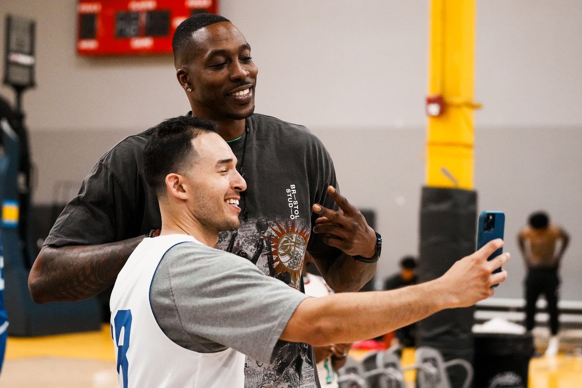 Dwight Howard takes a photo with Big3 combine participant following the Big3 combine on Thursday May 7, 2026 at Las Vegas Basketball Center in Las Vegas.