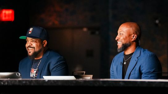Big 3 founder Ice Cube and Director of Operations Thomas Scott react to a selection during the 2026 Big3 Draft at LIV Nightclub in Las Vegas, NV