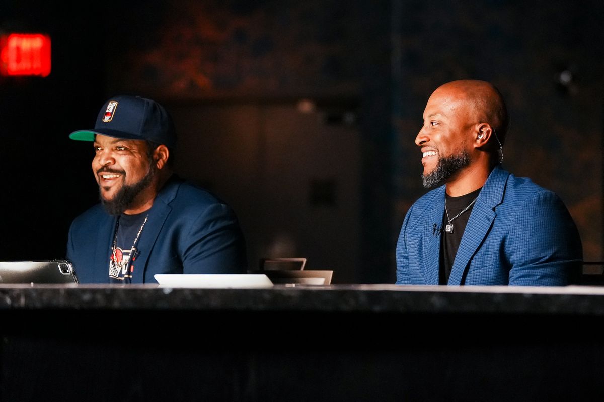 Big3 founder Ice Cube and Director of Operations Thomas Scott react to a selection during the 2026 Big3 Draft pn Thursday May 7, 2026 at LIV Nightclub in Las Vegas.