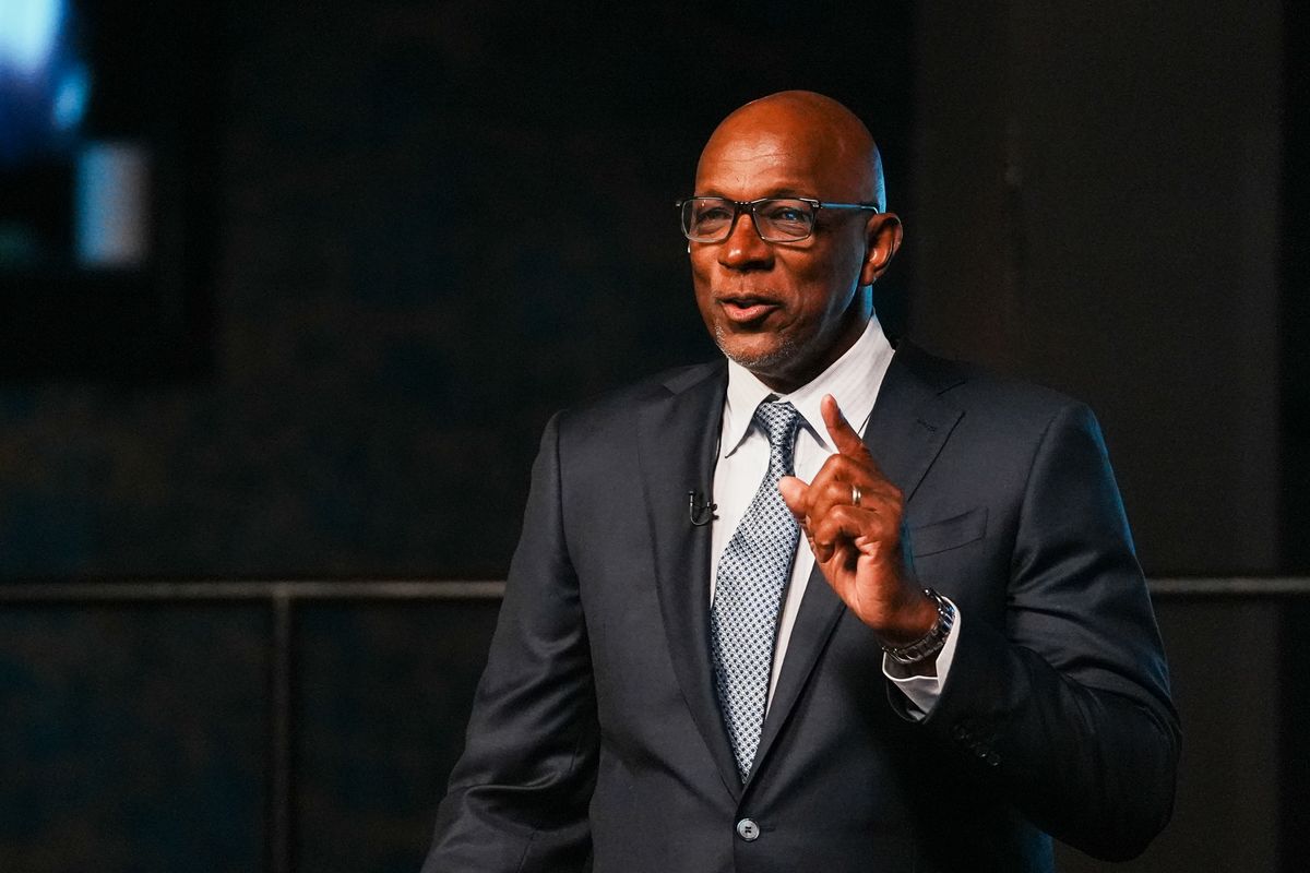Clyde Drexler announces a team's pick at the Big3 draft on Thursday May 7, 2026 at Liv Nightclub in Las Vegas.