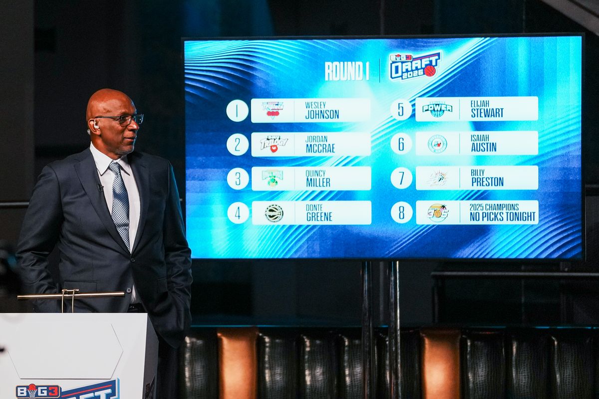 Clyde Drexler announces a team's pick at the Big3 draft on Thursday May 7, 2026 at Liv Nightclub in Las Vegas.