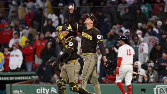 Apr 4, 2026; Foxborough, Massachusetts, USA; San Diego Padres relief pitcher Mason Miller (22) reacts after defeating the Boston Red Sox at Fenway Park. Mandatory Credit: Eric Canha-Imagn Images
