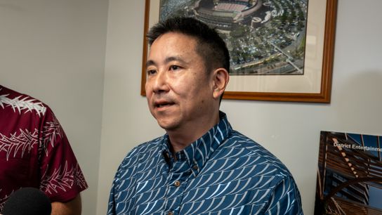 Stadium Authority Chair Eric Fujimoto addresses the media.