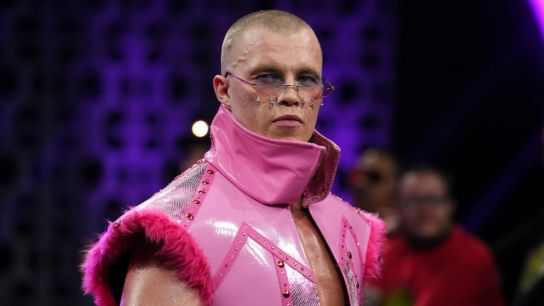 Kyle Fletcher has his pink TNT Title and 5 star matches collection  taken in Las Vegas. Photo by Courtesy All Elite Wrestling 