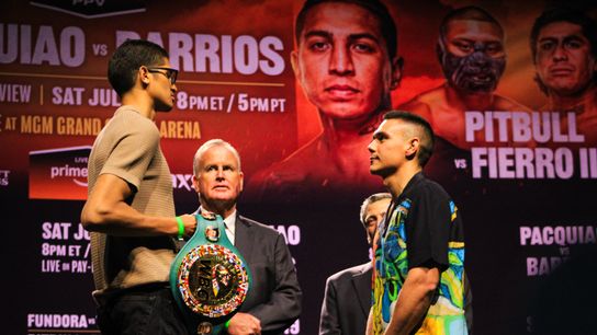 Fundora (left) and Tszyu (right) face off for their WBC Super Welterweight title rematch.
