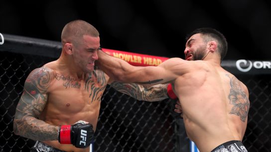 Mar 9, 2024; Miami, Florida, USA; Benoit Saint Denis (blue gloves) fights Dustin Poirier (red gloves) during UFC 299 at Kayesa Center.