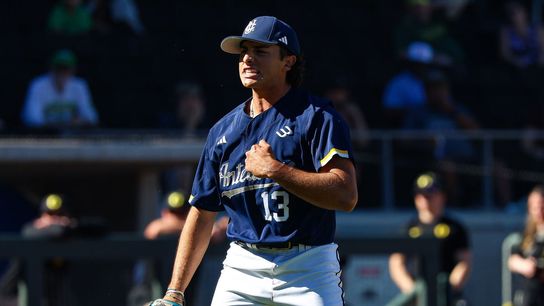 UC Irvine Anteaters LHP Ricky Ojeda (13) reacts after striking out the side against the Oregon Ducks at the 2026 Live Like Lou Las Vegas College Baseball Classic on Saturday, February 28, 2026, at Las Vegas Ballpark in Las Vegas, Nevada.